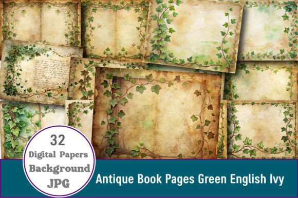 Antique Book Pages Green English Ivy