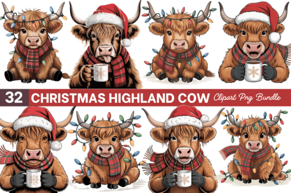 Cute Christmas Highland Cow PNG Bundle for Crafts