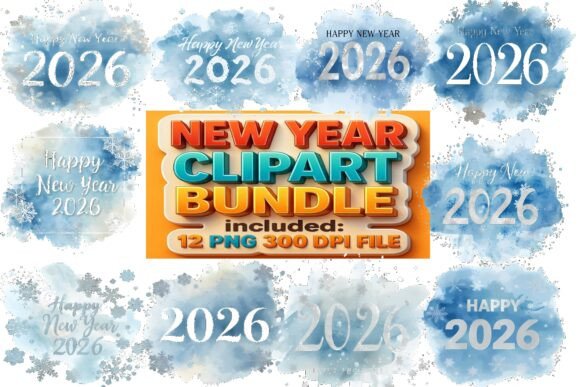 New Year 2026 Watercolor Clipart Bundle